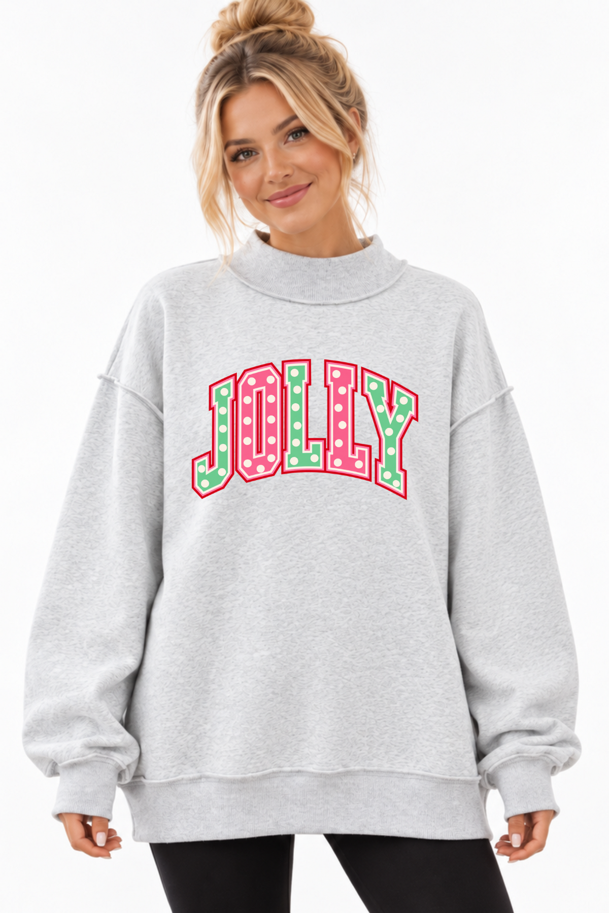 Jolly Pink Green Polka Dot Christmas Mock Neck Sweatshirt