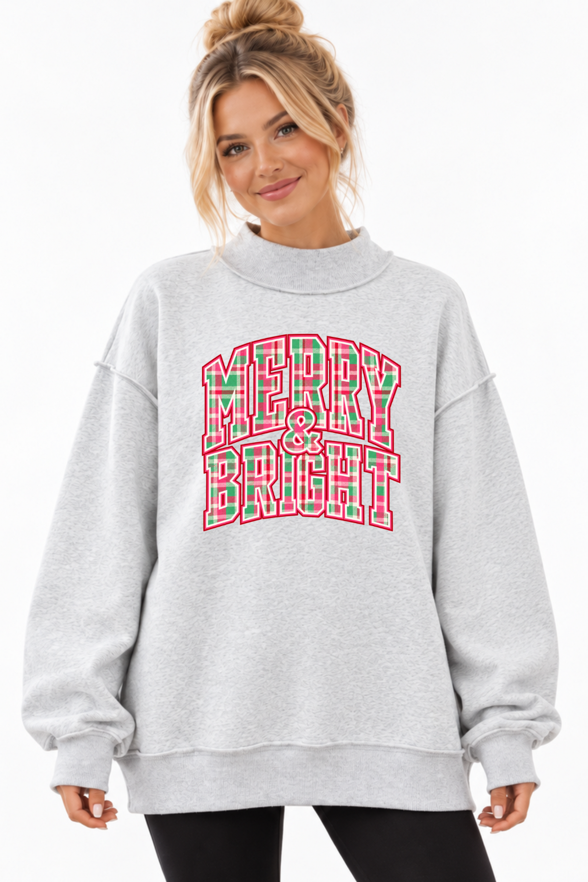Merry and Bright Pink Green Plaid Christmas Mock Neck Sweatshirt