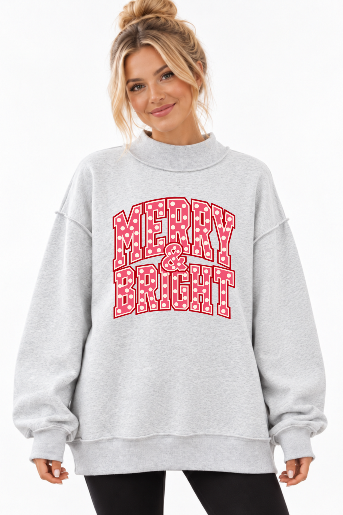 Merry and Bright Pink Polka Dot Christmas Mock Neck Sweatshirt