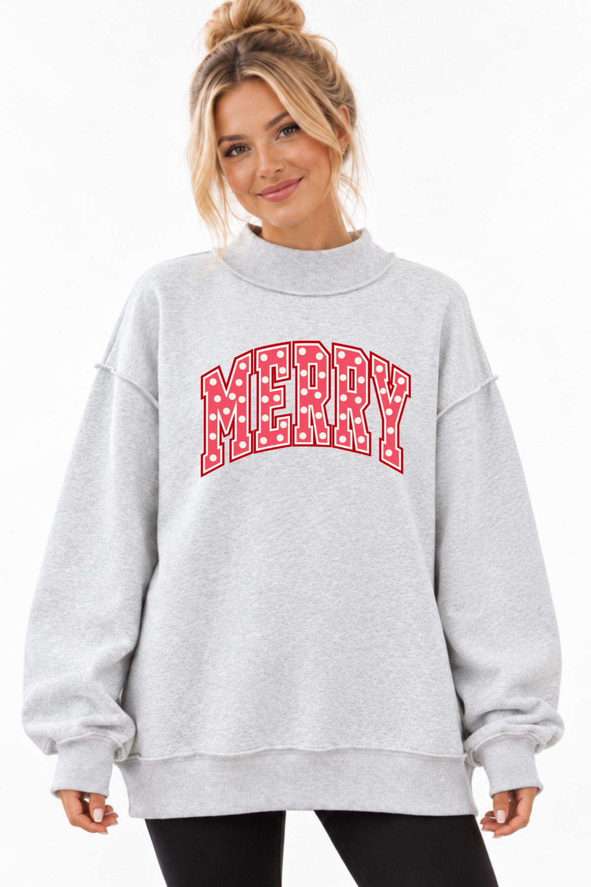 Merry Pink Polka Dot Christmas Mock Neck Sweatshirt