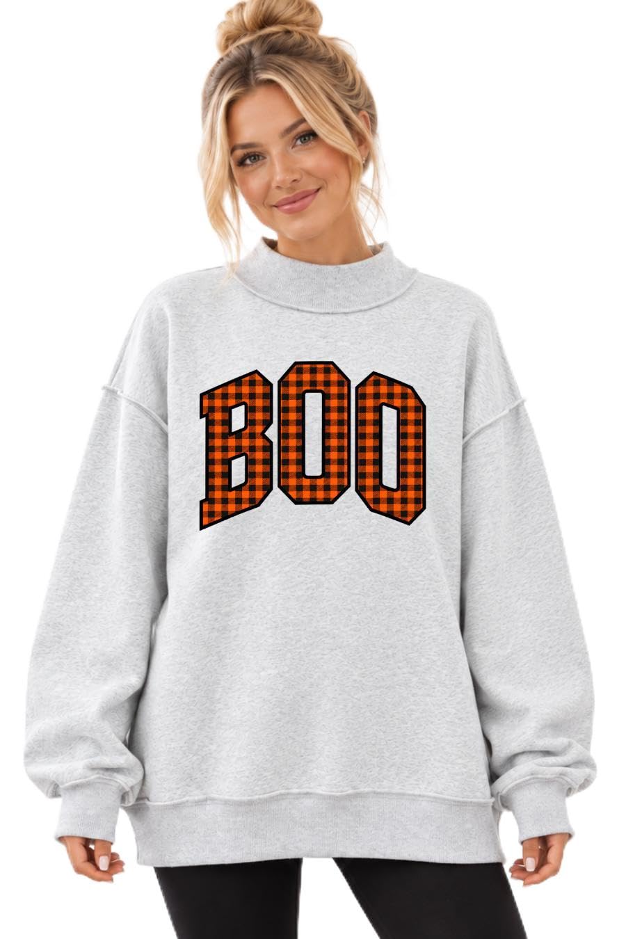 Women’s Halloween Mock Neck Sweatshirt - BOO PLAID