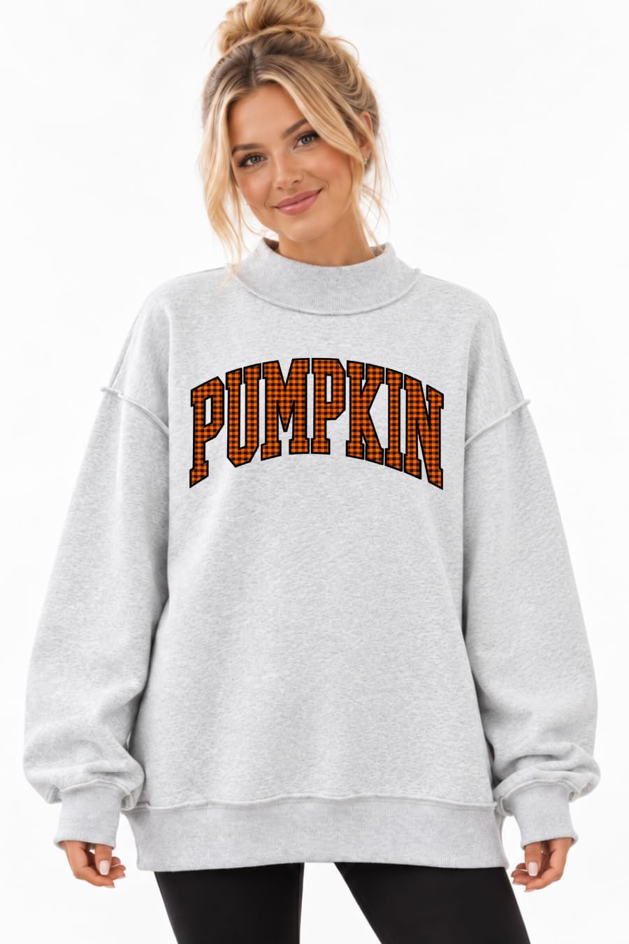 Women’s Halloween Mock Neck Sweatshirt - PUMPKIN PLAID