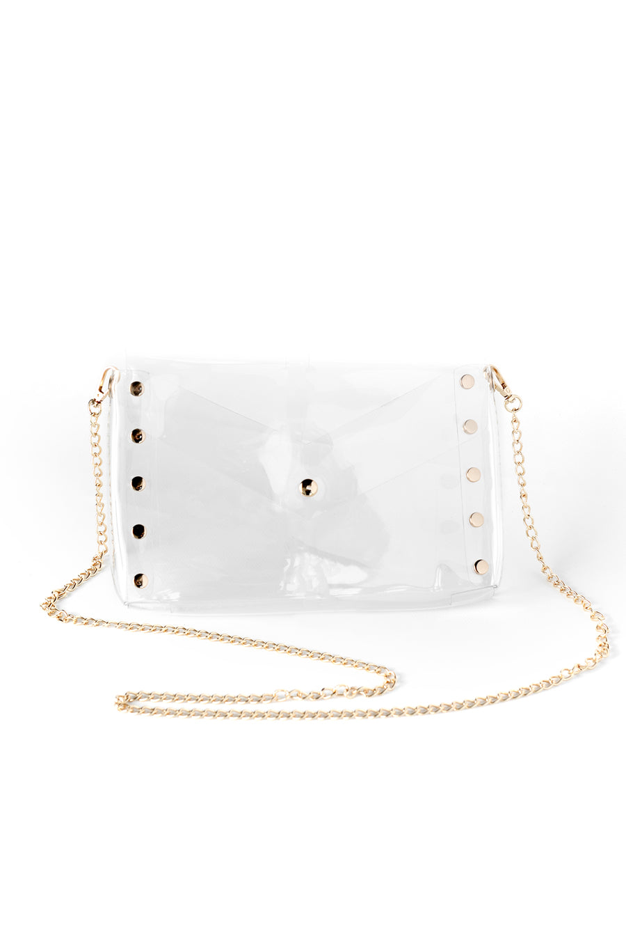 Clear ADMIT ONE Crossbody and Clutch Bag with Gold Chain - Front View | Gameday Couture - SOHO