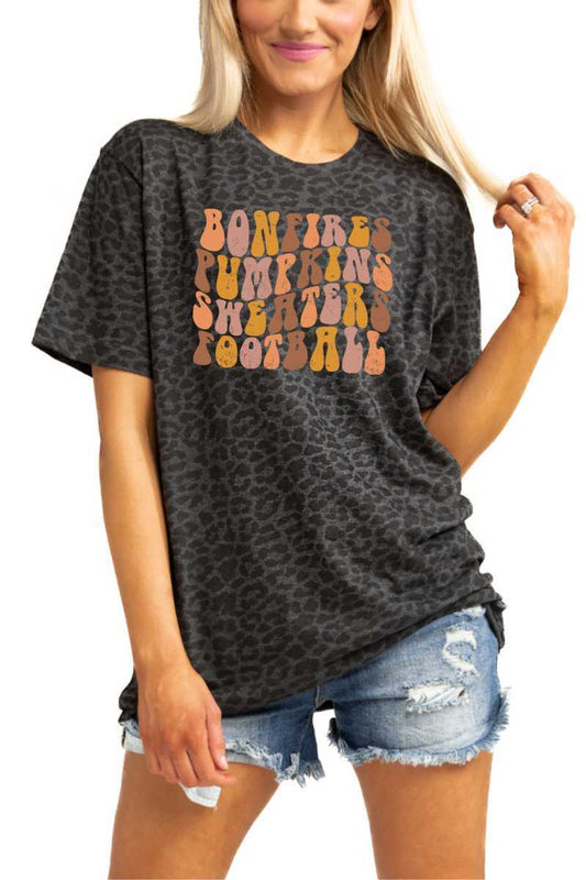 Fall Thanksgiving Bonfires Pumpkins Sweaters Football Womens Leopard Graphic Short Sleeve Crewneck Tee