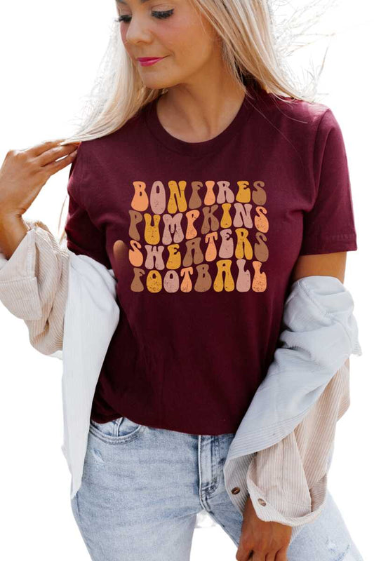 Fall Thanksgiving Bonfires Pumpkins Sweaters Football Womens Graphic Short Sleeve Crewneck Tee