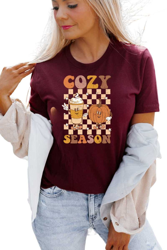 Fall Thanksgiving Cozy Season  Womens Leopard Graphic Short Sleeve Crewneck Tee