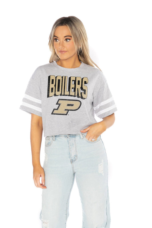 PURDUE BOILERMAKERS NO SHORTCUTS DROP SHOULDER MID-CROP TEE