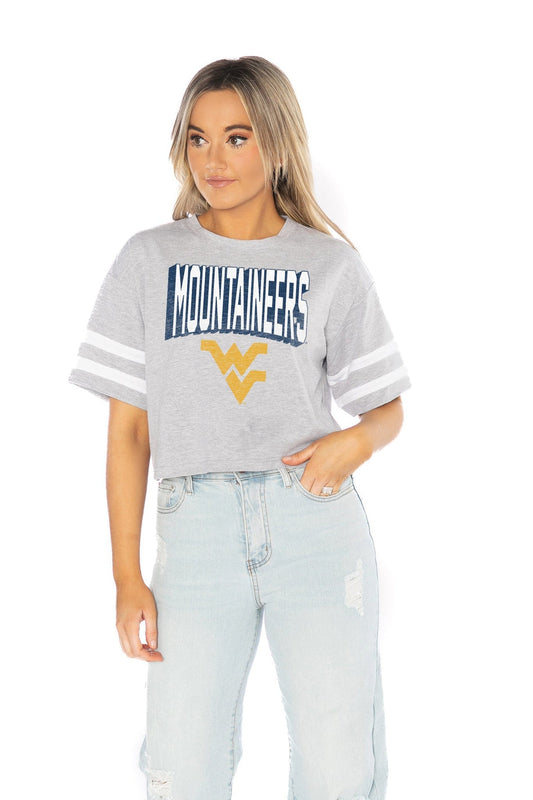 WEST VIRGINIA MOUNTAINEERS NO SHORTCUTS DROP SHOULDER MID-CROP TEE