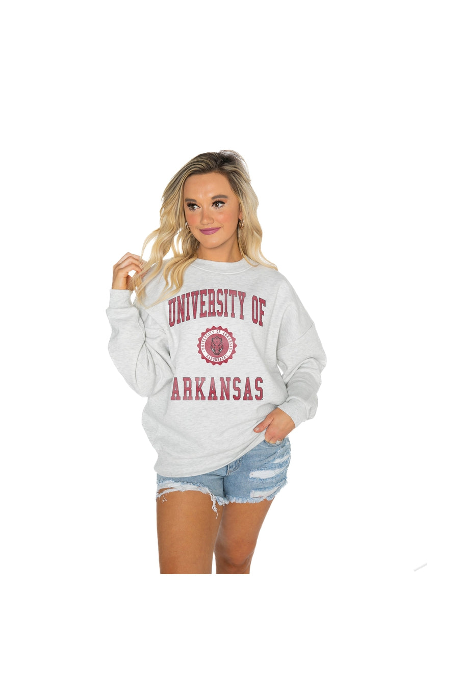 ARKANSAS RAZORBACKS CHANGE THE GAME PREMIUM FLEECE DROP SHOULDER CREWNECK PULLOVER