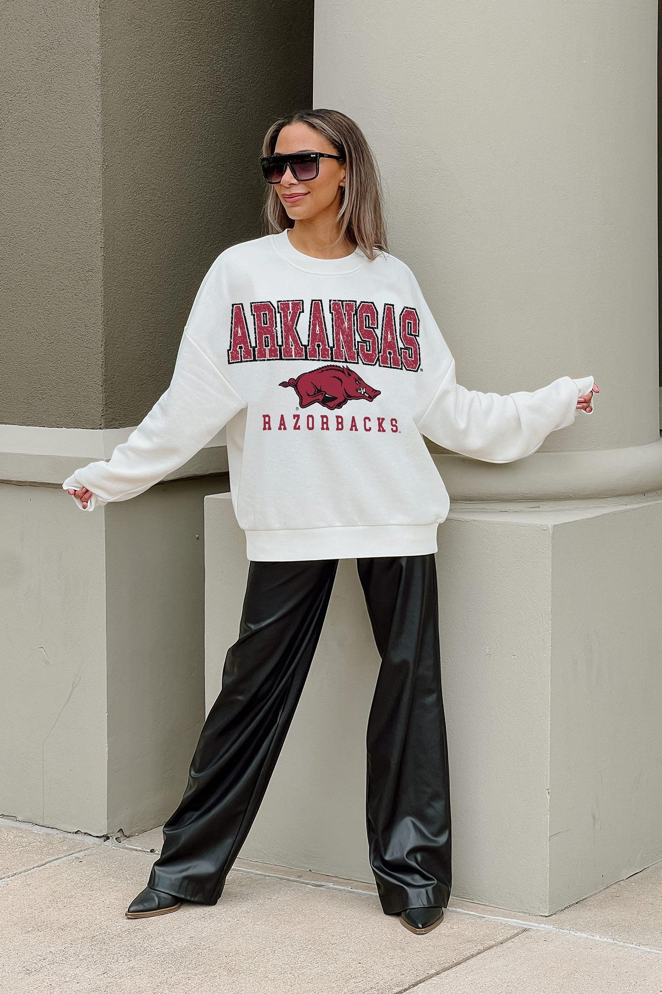 ARKANSAS RAZORBACKS FREESTYLE PREMIUM FLEECE DROP SHOULDER CREWNECK PULLOVER