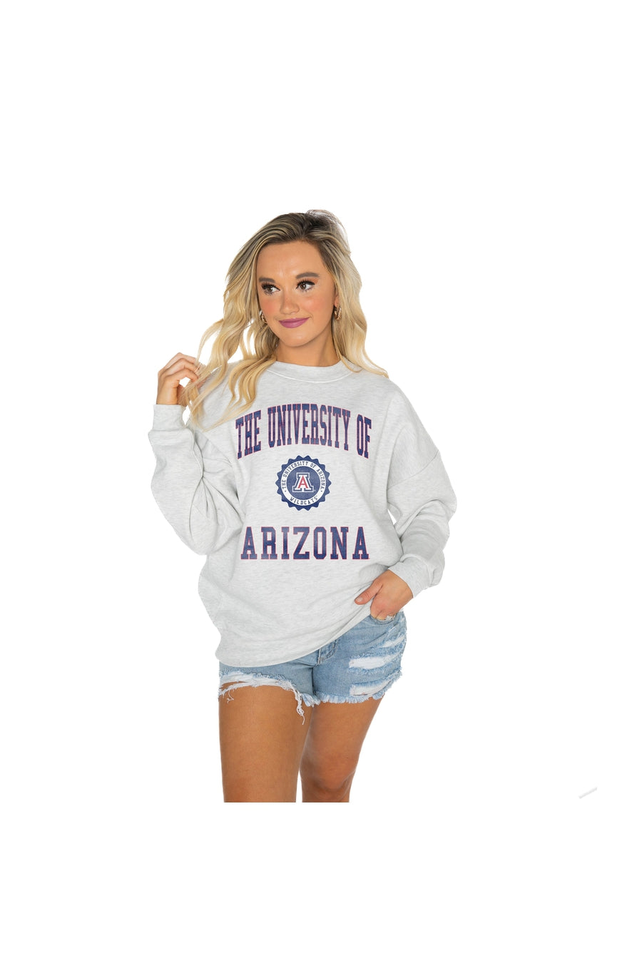 ARIZONA WILDCATS CHANGE THE GAME PREMIUM FLEECE DROP SHOULDER CREWNECK PULLOVER