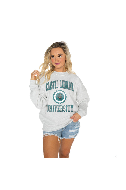 COASTAL CAROLINA CHANTICLEERS CHANGE THE GAME PREMIUM FLEECE DROP SHOULDER CREWNECK PULLOVER