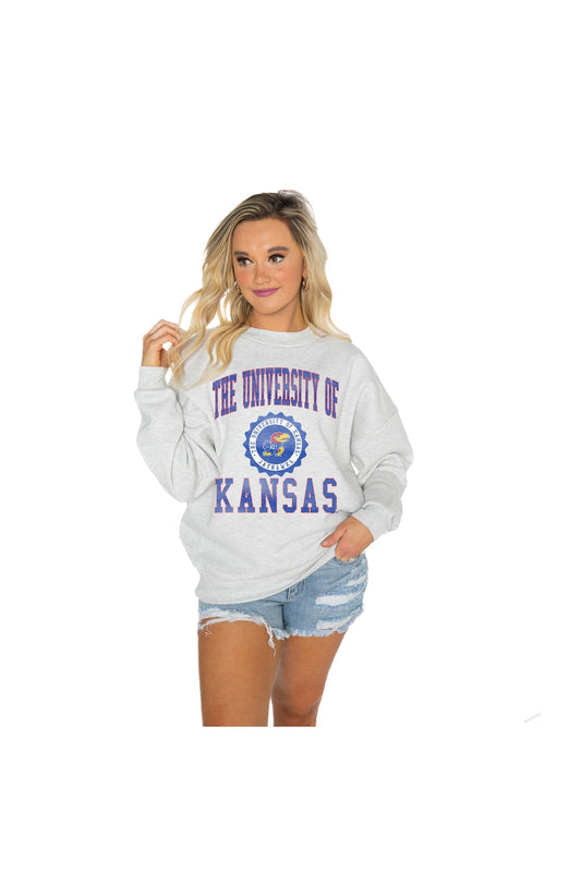 KANSAS JAYHAWKS CHANGE THE GAME PREMIUM FLEECE DROP SHOULDER CREWNECK PULLOVER