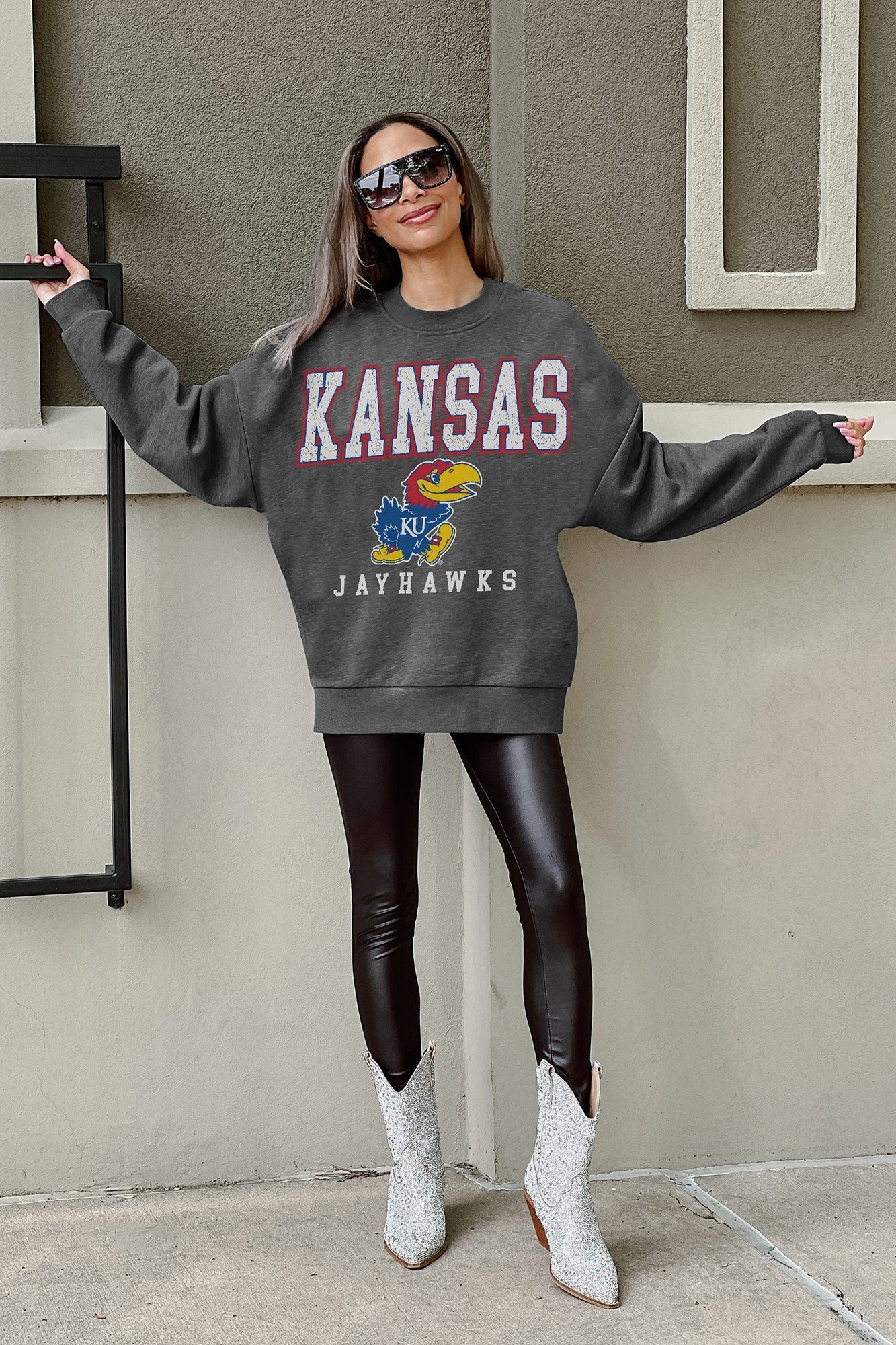 KANSAS JAYHAWKS EASY STREET PREMIUM FLEECE DROP SHOULDER CREWNECK PULLOVER