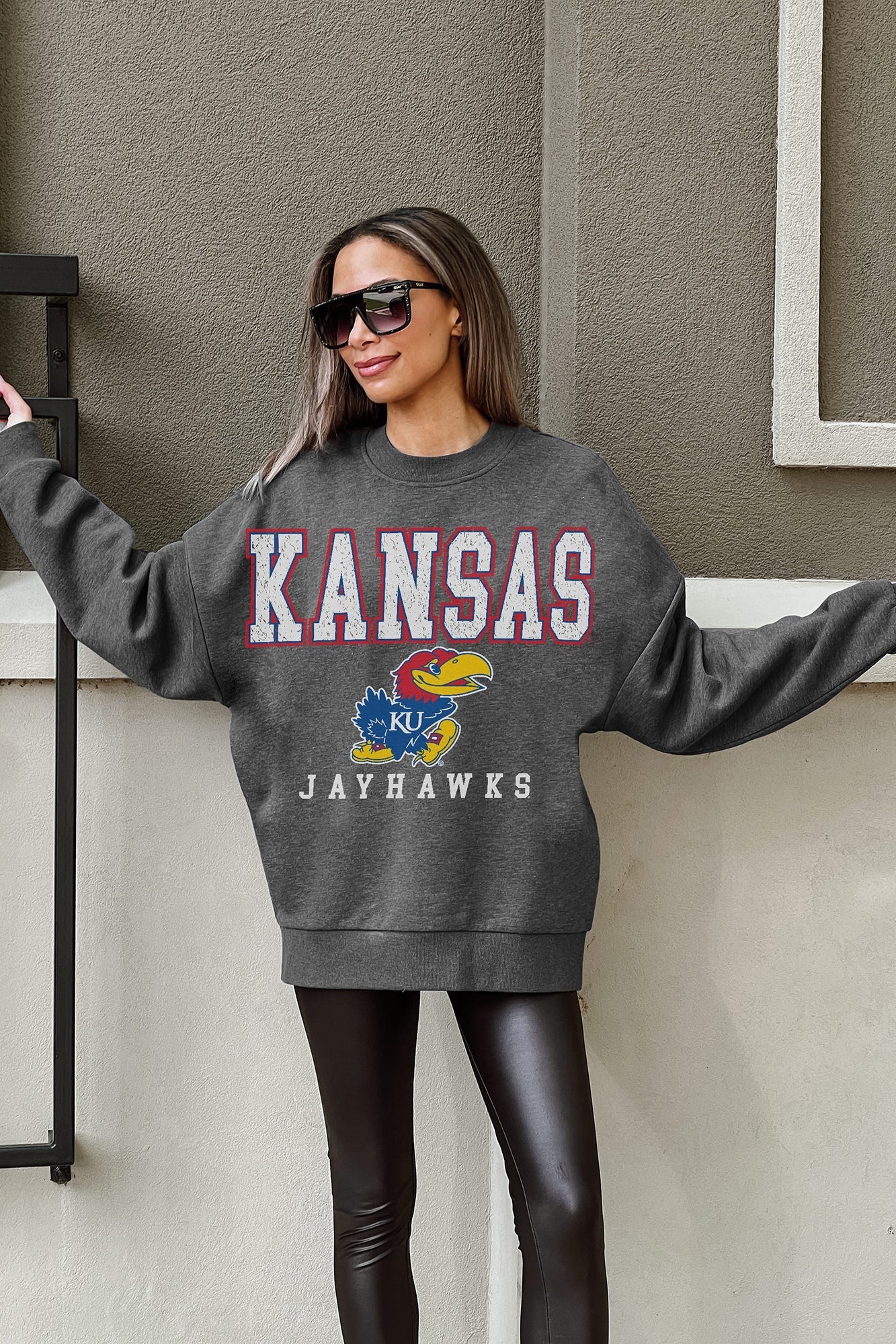 KANSAS JAYHAWKS EASY STREET PREMIUM FLEECE DROP SHOULDER CREWNECK PULLOVER