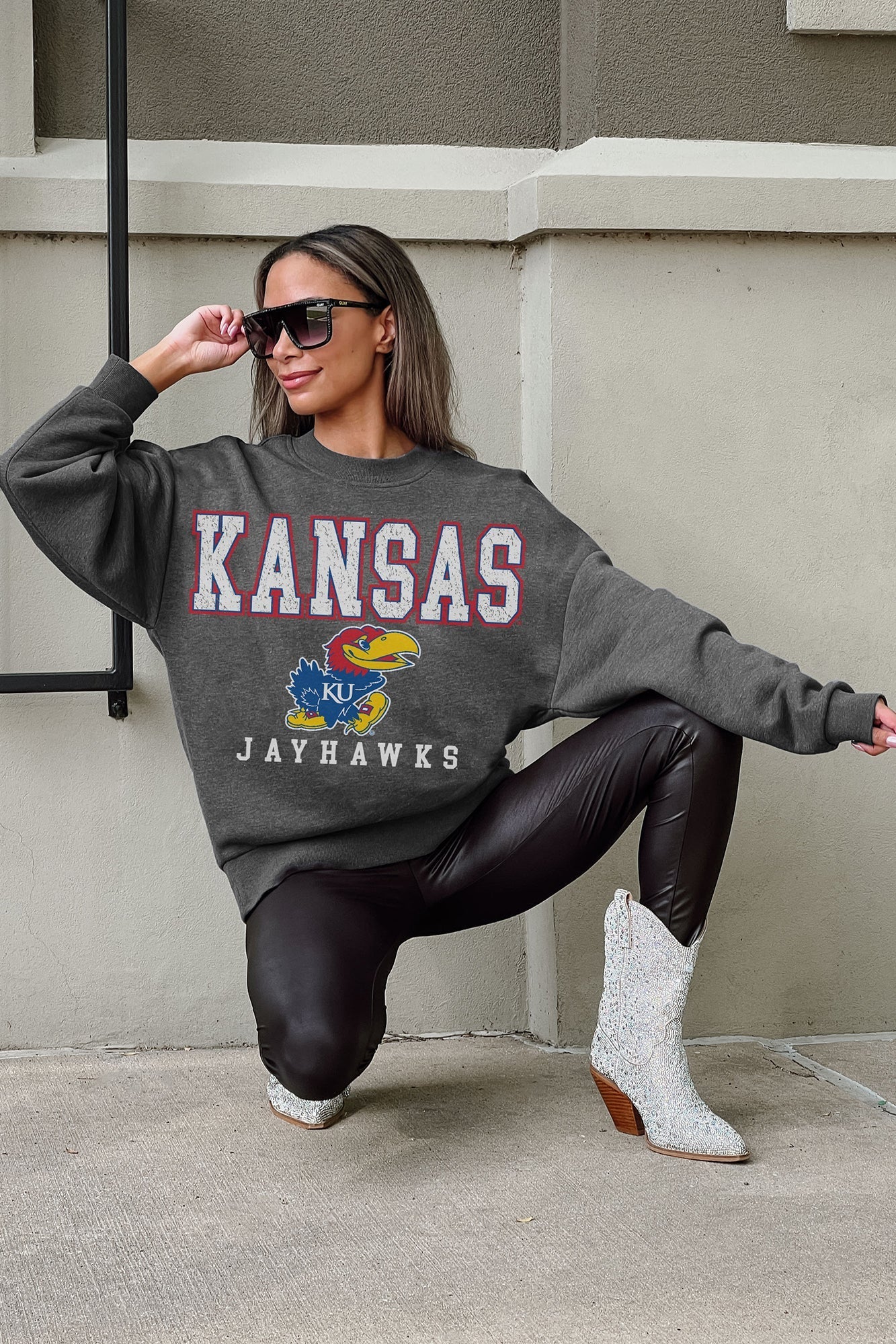 KANSAS JAYHAWKS EASY STREET PREMIUM FLEECE DROP SHOULDER CREWNECK PULLOVER