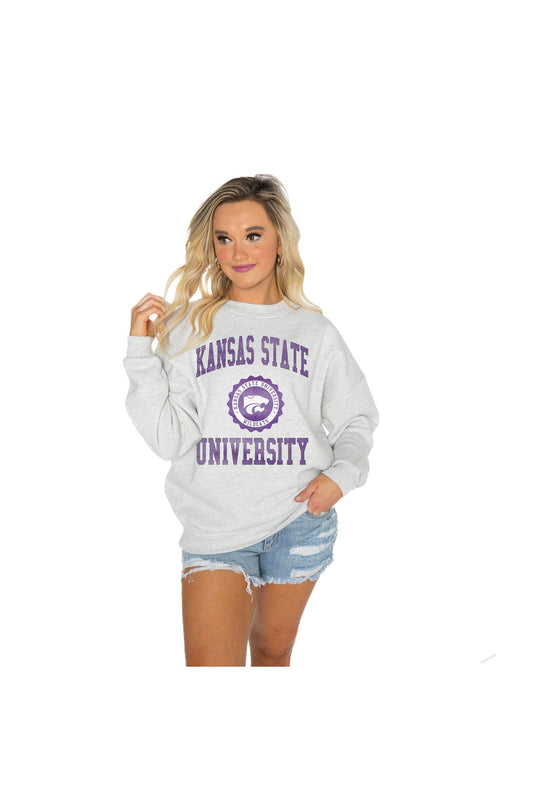 KANSAS STATE WILDCATS CHANGE THE GAME PREMIUM FLEECE DROP SHOULDER CREWNECK PULLOVER