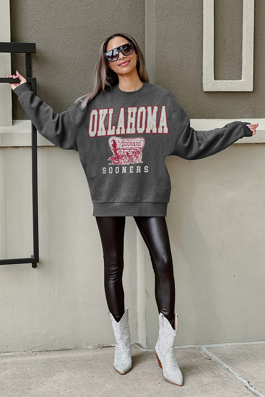 OKLAHOMA SOONERS EASY STREET PREMIUM FLEECE DROP SHOULDER CREWNECK PULLOVER