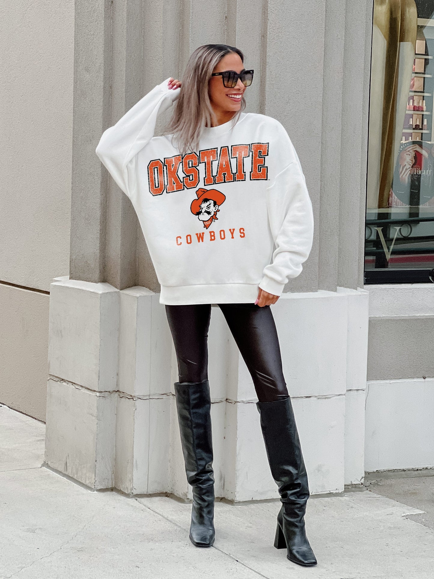 OKLAHOMA STATE COWBOYS FREESTYLE PREMIUM FLEECE DROP SHOULDER CREWNECK PULLOVER