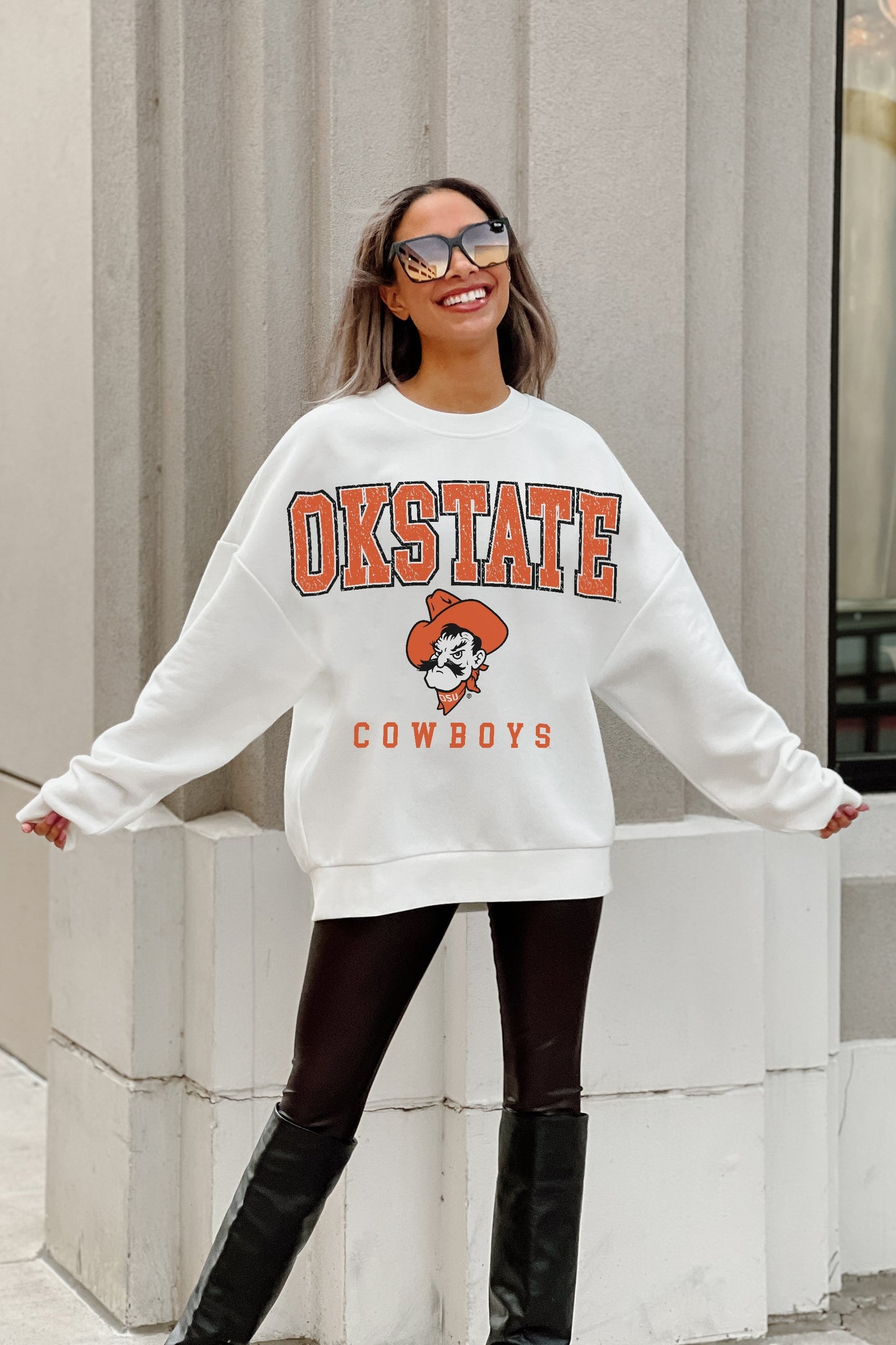 OKLAHOMA STATE COWBOYS FREESTYLE PREMIUM FLEECE DROP SHOULDER CREWNECK PULLOVER