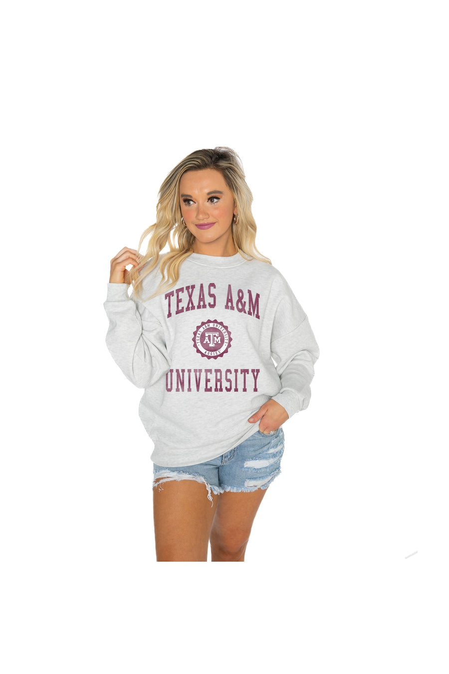 TEXAS A&M AGGIES CHANGE THE GAME PREMIUM FLEECE DROP SHOULDER CREWNECK PULLOVER