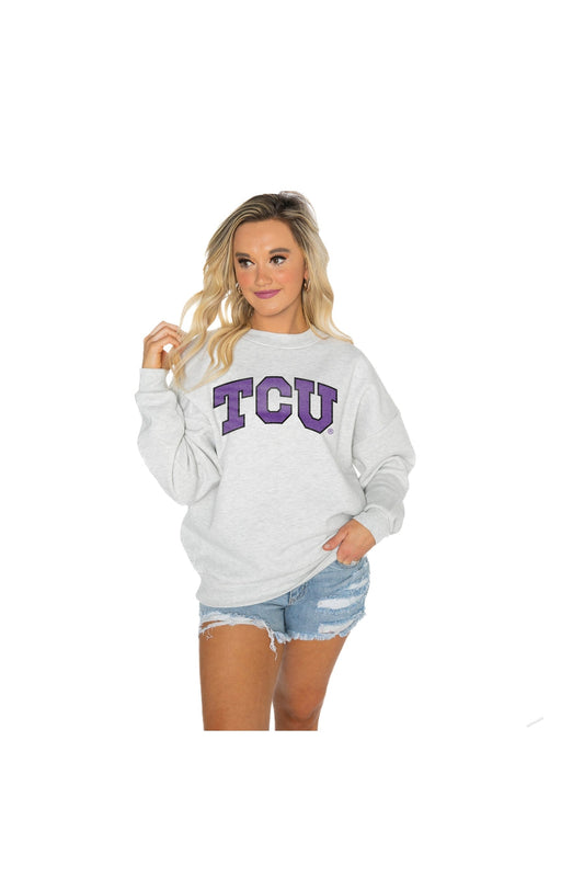 TCU HORNED FROGS CHANGE THE GAME PREMIUM FLEECE DROP SHOULDER CREWNECK PULLOVER