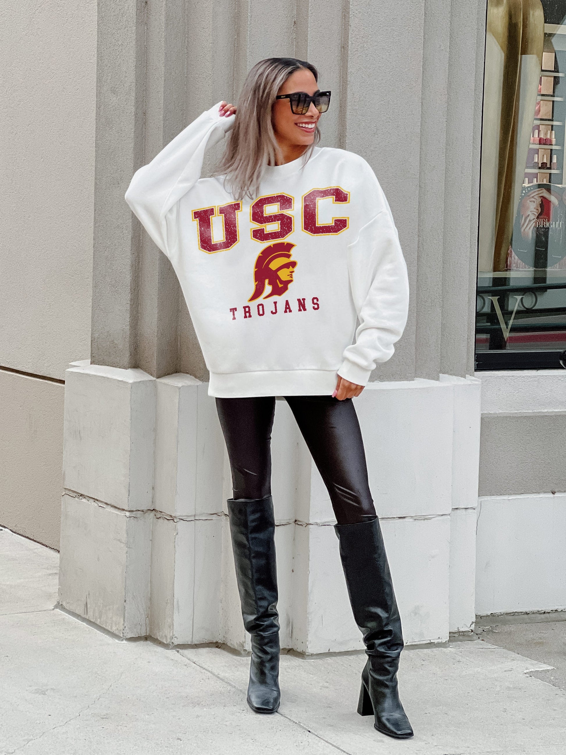 USC TROJANS FREESTYLE PREMIUM FLEECE DROP SHOULDER CREWNECK PULLOVER