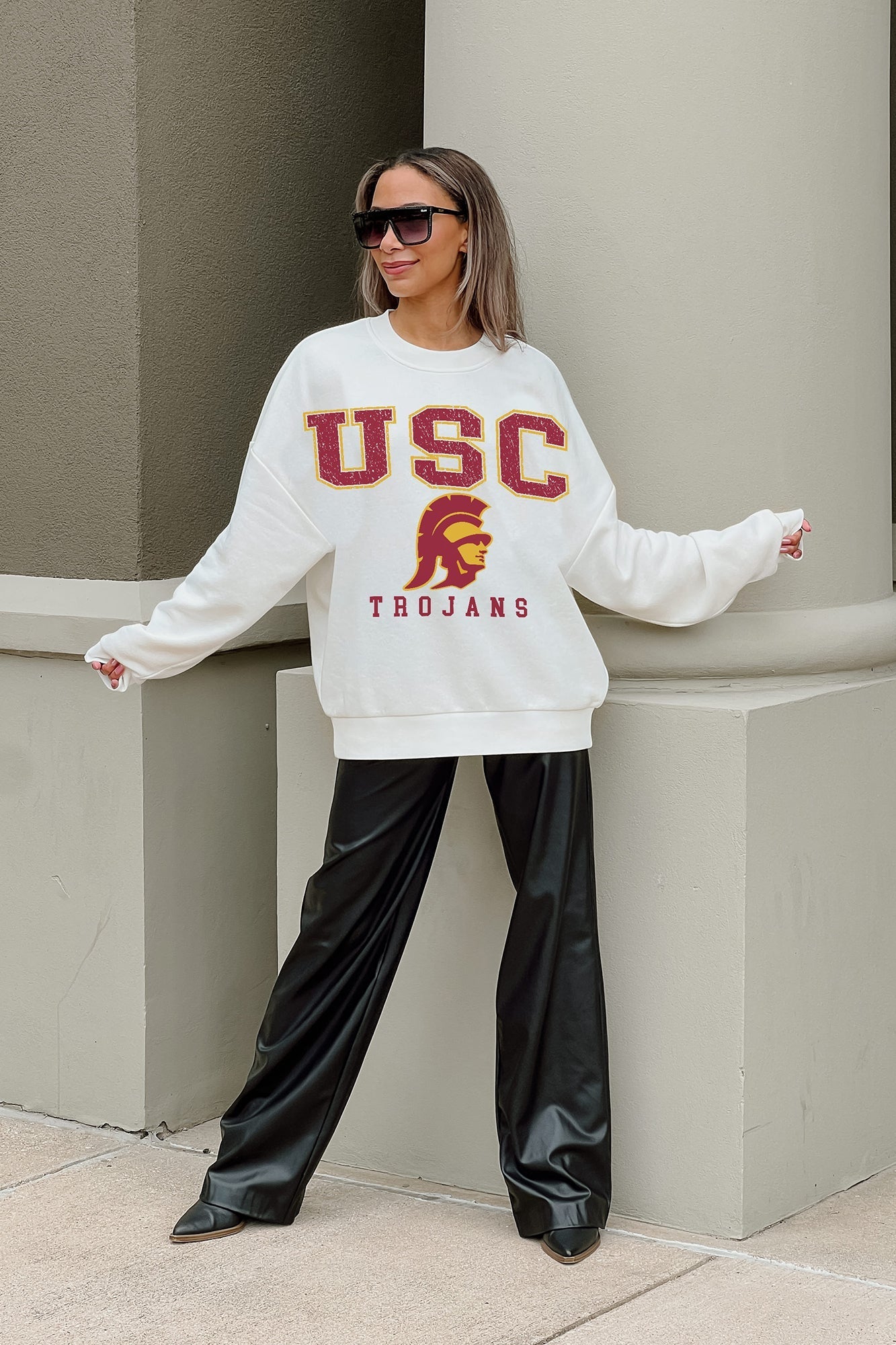 USC TROJANS FREESTYLE PREMIUM FLEECE DROP SHOULDER CREWNECK PULLOVER