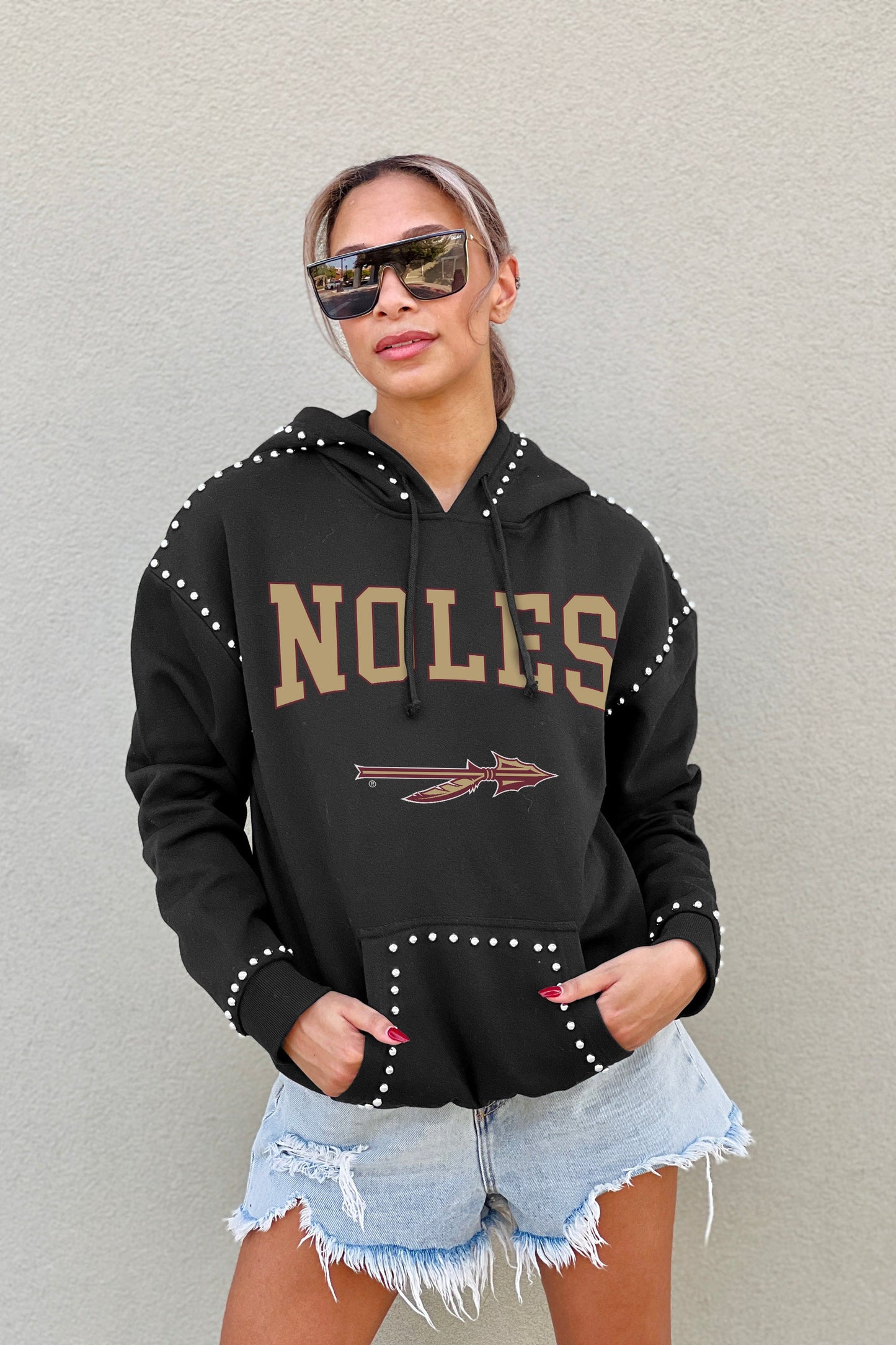 FLORIDA STATE SEMINOLES BELLE OF THE BALL STUDDED DETAIL FLEECE FRONT POCKET HOODIE