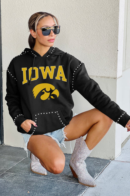 IOWA HAWKEYES BELLE OF THE BALL STUDDED DETAIL FLEECE FRONT POCKET HOODIE