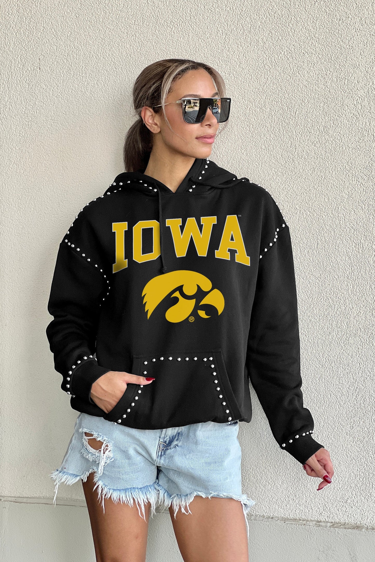 IOWA HAWKEYES BELLE OF THE BALL STUDDED DETAIL FLEECE FRONT POCKET HOODIE