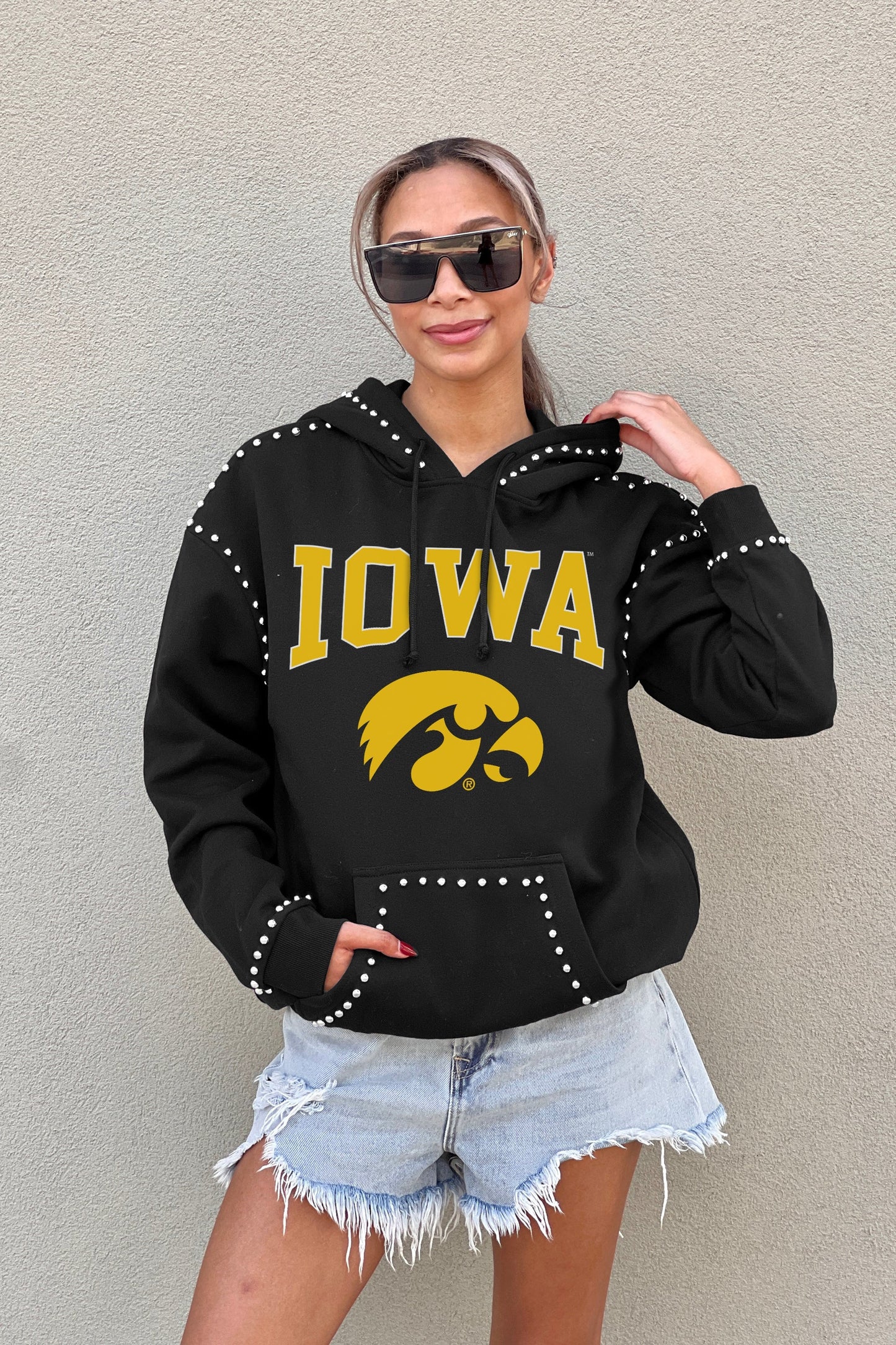 IOWA HAWKEYES BELLE OF THE BALL STUDDED DETAIL FLEECE FRONT POCKET HOODIE