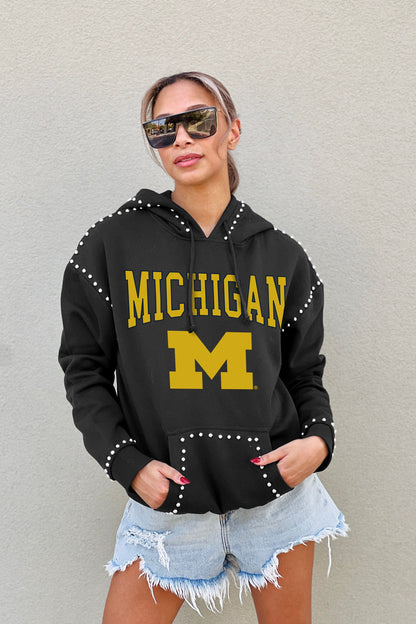 MICHIGAN WOLVERINES BELLE OF THE BALL STUDDED DETAIL FLEECE FRONT POCKET HOODIE