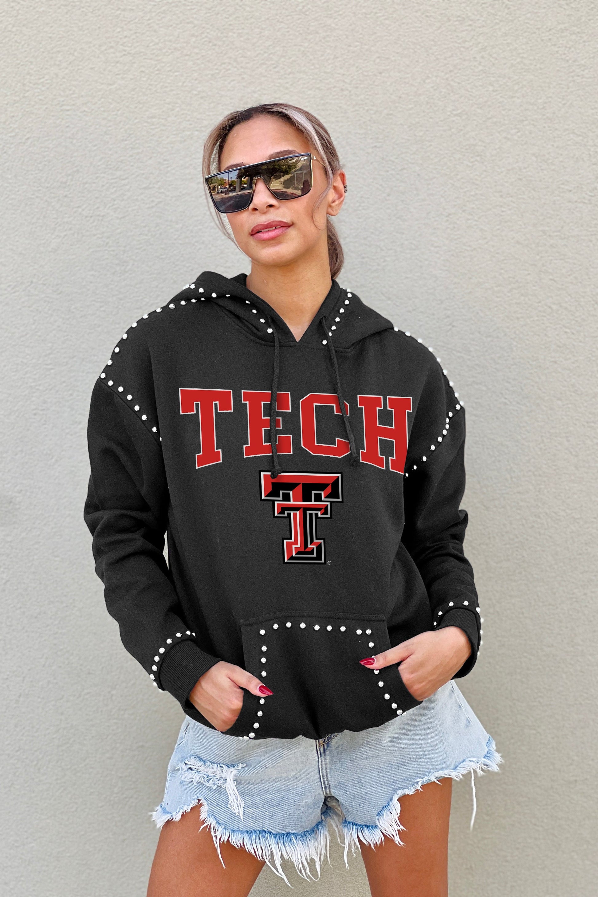 TEXAS TECH RED RAIDERS BELLE OF THE BALL STUDDED DETAIL FLEECE FRONT POCKET HOODIE