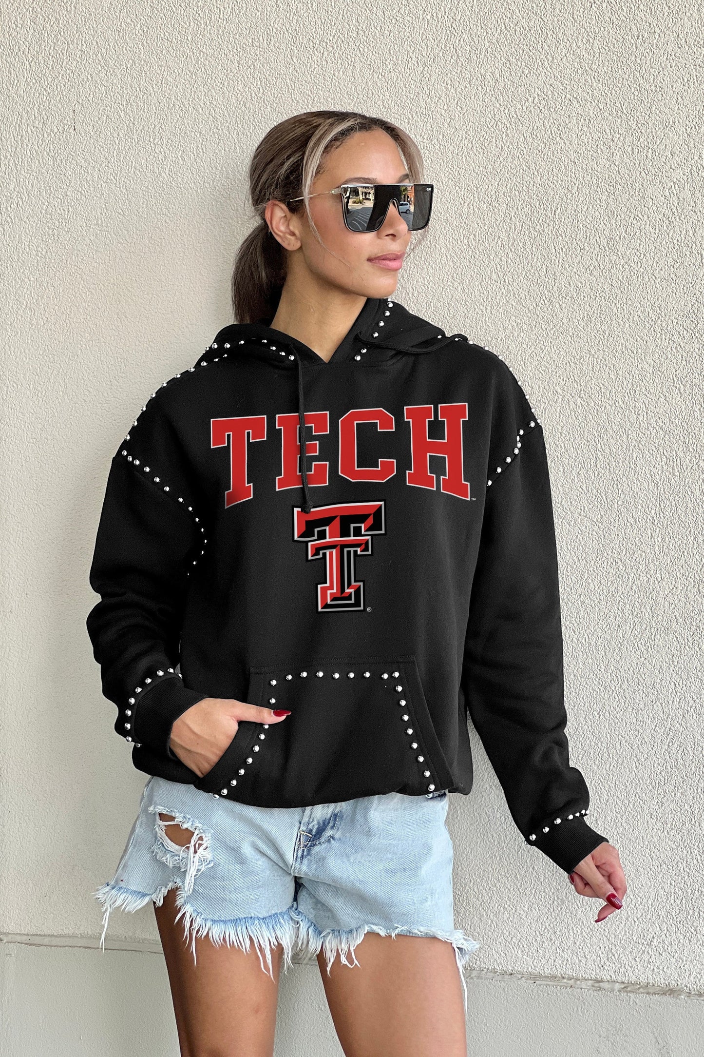 TEXAS TECH RED RAIDERS BELLE OF THE BALL STUDDED DETAIL FLEECE FRONT POCKET HOODIE