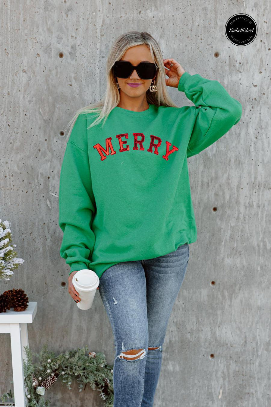 RETRO CHRISTMAS EMBELLISHED OVERSIZED CLASSIC CREWNECK SWEATSHIRT IN KELLY GREEN