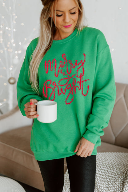 MERRY AND BRIGHT EMBELLISHED CLASSIC CREWNECK SWEATSHIRT IN KELLY GREEN