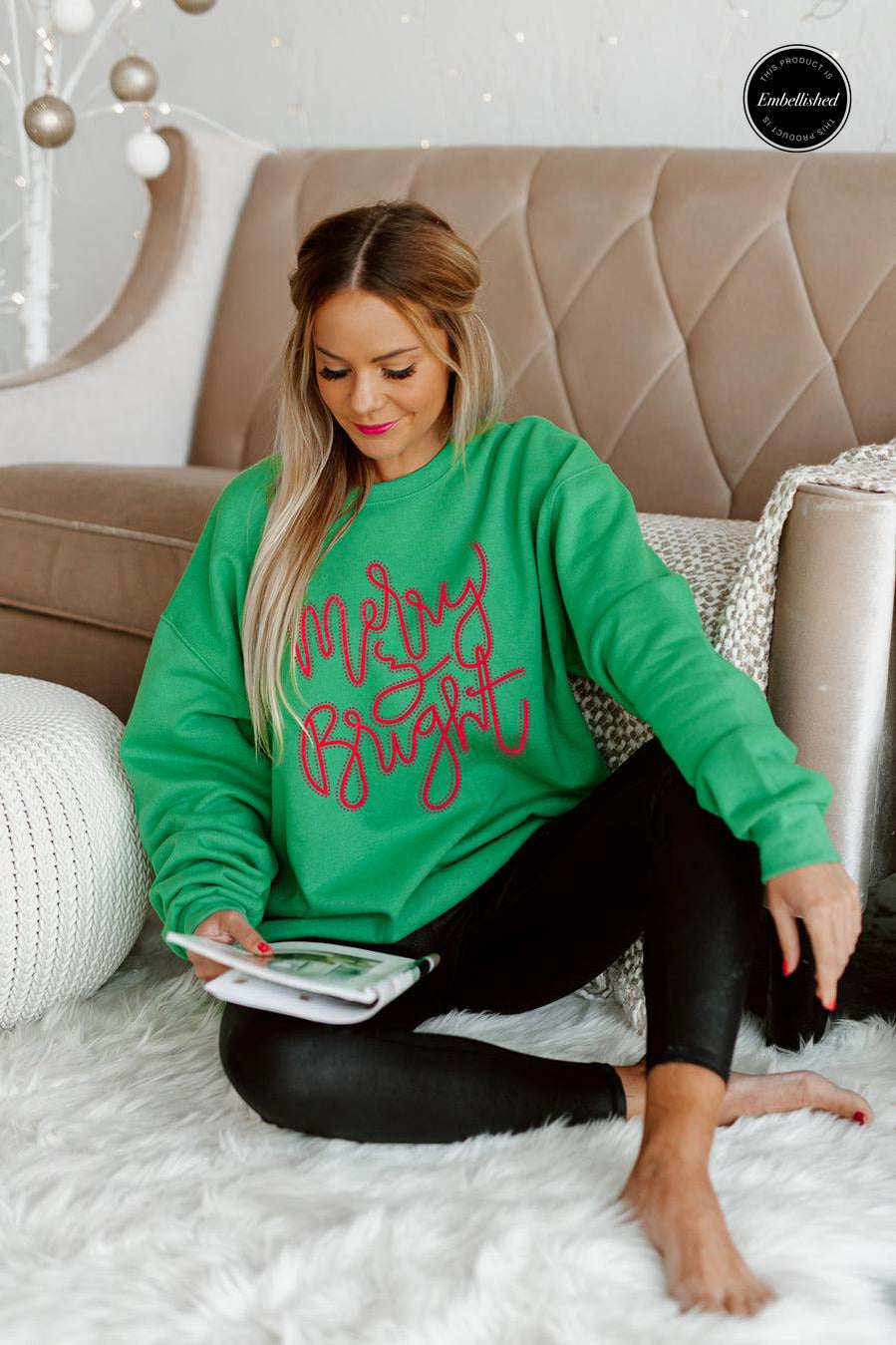 MERRY AND BRIGHT EMBELLISHED CLASSIC CREWNECK SWEATSHIRT IN KELLY GREEN